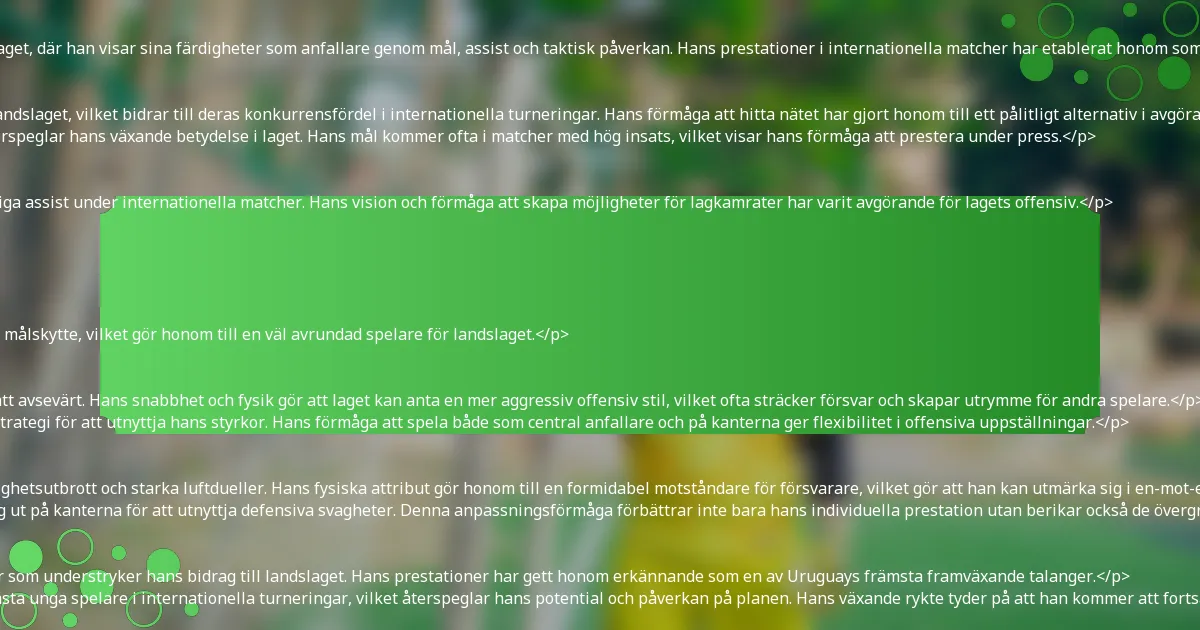 <p>Darwin Núñez har gjort betydande bidrag till det uruguayanska landslaget, där han visar sina färdigheter som anfallare genom mål, assist och taktisk påverkan. Hans prestationer i internationella matcher har etablerat honom som en nyckelspelare, med påverkan på både lagets strategi och dynamik.</p>

<h3>Totala mål gjorda för landslaget</h3>
<p>Núñez har gjort ett anmärkningsvärt antal mål för det uruguayanska landslaget, vilket bidrar till deras konkurrensfördel i internationella turneringar. Hans förmåga att hitta nätet har gjort honom till ett pålitligt alternativ i avgörande matcher.</p>
<p>Fram till slutet av 2023 har han gjort mål i låga tvåsiffriga tal, vilket återspeglar hans växande betydelse i laget. Hans mål kommer ofta i matcher med hög insats, vilket visar hans förmåga att prestera under press.</p>

<h3>Assist som givits i internationella matcher</h3>
<p>Förutom sin målskytteförmåga har Núñez också bidragit med flera viktiga assist under internationella matcher. Hans vision och förmåga att skapa möjligheter för lagkamrater har varit avgörande för lagets offensiv.</p>
<ul>
    <li>Assist i VM-kval: 3</li>
    <li>Assist i Copa América: 2</li>
    <li>Assist i vänskapsmatcher: 1</li>
</ul>
<p>Dessa assist belyser hans mångsidighet och vilja att bidra bortom bara målskytte, vilket gör honom till en väl avrundad spelare för landslaget.</p>

<h3>Påverkan på lagets strategi och dynamik</h3>
<p>Núñezs närvaro på planen påverkar Uruguays taktiska tillvägagångssätt avsevärt. Hans snabbhet och fysik gör att laget kan anta en mer aggressiv offensiv stil, vilket ofta sträcker försvar och skapar utrymme för andra spelare.</p>
<p>Tränare har använt honom i olika formationer, vilket anpassar lagets strategi för att utnyttja hans styrkor. Hans förmåga att spela både som central anfallare och på kanterna ger flexibilitet i offensiva uppställningar.</p>

<h3>Spelstil och positionspåverkan</h3>
<p>Núñez är känd för sin explosiva spelstil, kännetecknad av snabba hastighetsutbrott och starka luftdueller. Hans fysiska attribut gör honom till en formidabel motståndare för försvarare, vilket gör att han kan utmärka sig i en-mot-en-situationer.</p>
<p>Positionellt spelar han ofta som central anfallare men kan också dra sig ut på kanterna för att utnyttja defensiva svagheter. Denna anpassningsförmåga förbättrar inte bara hans individuella prestation utan berikar också de övergripande offensiva alternativen för laget.</p>

<h3>Erkännande och utmärkelser</h3>
<p>Under sin internationella karriär har Núñez mottagit olika utmärkelser som understryker hans bidrag till landslaget. Hans prestationer har gett honom erkännande som en av Uruguays främsta framväxande talanger.</p>
<p>Han har nominerats till flera utmärkelser, inklusive utmärkelser för bästa unga spelare i internationella turneringar, vilket återspeglar hans potential och påverkan på planen. Hans växande rykte tyder på att han kommer att fortsätta vara en nyckelfigur för Uruguay i framtida tävlingar.</p>

<h2>Hur har Darwin Núñez påverkat ecuadoriansk fotboll?